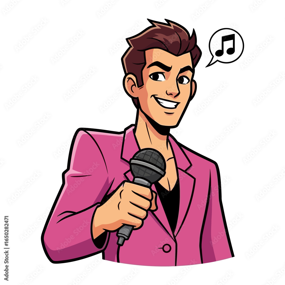 Melodic Microphone Master: A dynamic musician in a vibrant pink jacket, with a sleek haircut, grips a microphone confidently, ready to perform. Melodic Microphone Master: A dynamic musician in a vibrant pink jacket, with a sleek haircut, grips a microphone confidently, ready to perform.