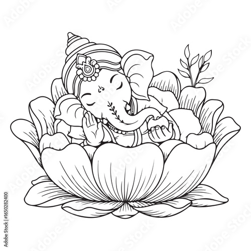 Ganesha sleeping in a lotus flower black and white outline coloring page
