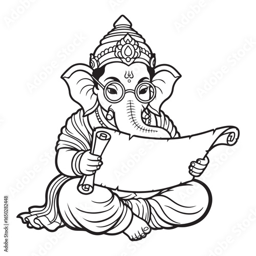 Ganesha wearing glasses reading a scroll line art design coloring page