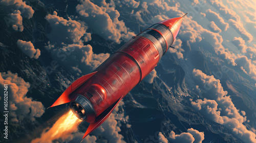 Dynamic red rocket soaring through atmospheric clouds toward outer space journey