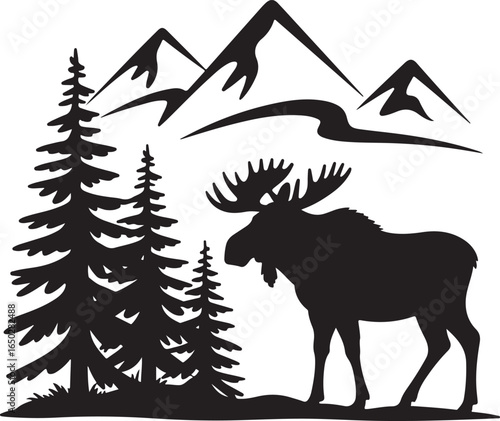 Silhouette of a bull moose standing near pine trees and mountains animal wildlife
