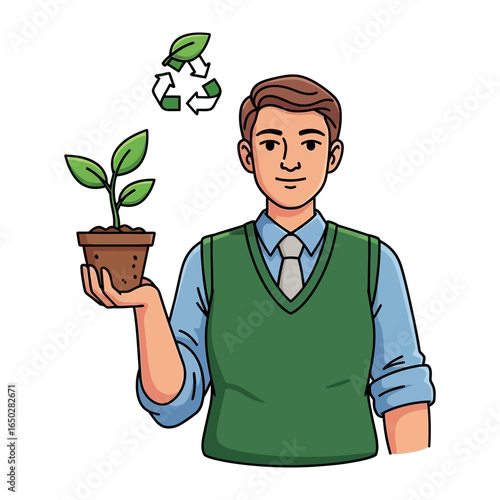 Environmental Steward: An illustrative portrait of a man cradling a budding plant in a pot, with recycling symbols hovering above his head, highlighting dedication to conservation and sustainability.