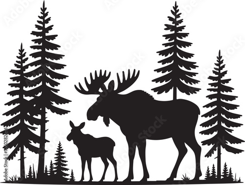 Silhouette of a bull moose and calf standing among pine trees baby moose animal