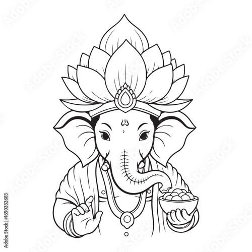 Illustration of ganesha with lotus and offering bowl outline coloring page