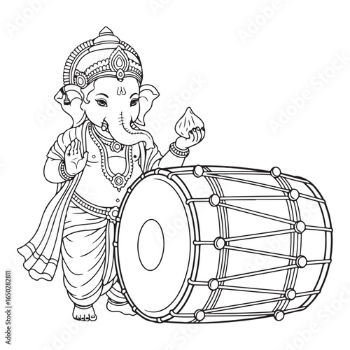 Line art of ganesha with modak and drum in black and white coloring page