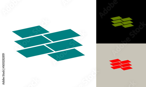 Abstract vector symbol with stacked parallelogram shapes in blue, red, and green variations, modern minimal geometric illustration for business and creative design