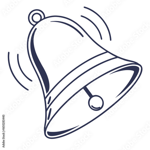Simple line drawing of a ringing bell with sound waves emanating from it on a white background