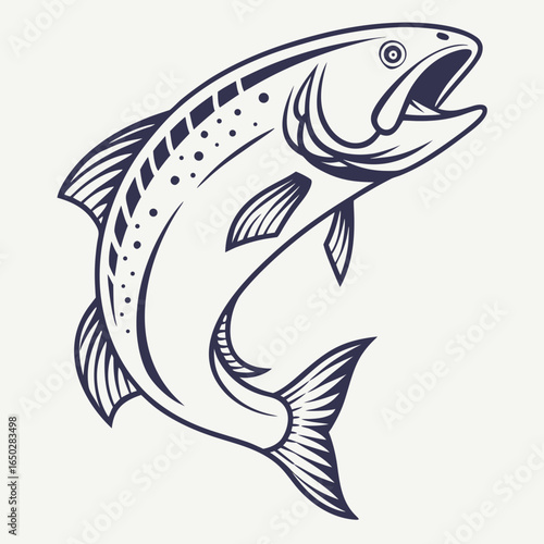 Stylized dark blue line art illustration of a leaping salmon fish with open mouth against a light background