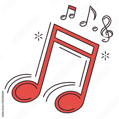 Vibrant red musical notes and symbols create a lively composition representing the joy of music