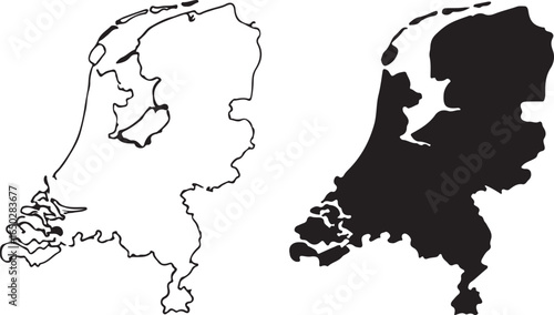 Netherlands Map: Vector Outline and Filled Icon, Isolated Background, Simple Symbol, Black and White.