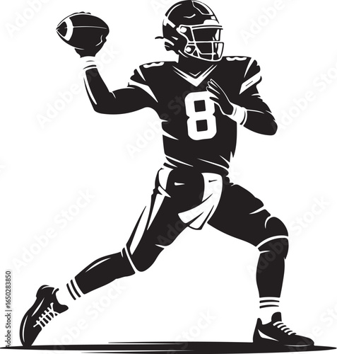 Quarterback throws football, dynamic action pose, sports graphic