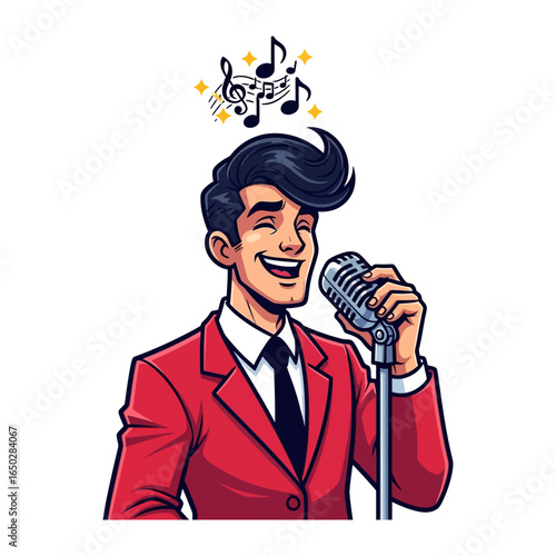 Harmony in Voice: A stylish male vocalist, radiating happiness, sings into a vintage microphone. Musical notes float above his head, illustrating his melodic performance.
