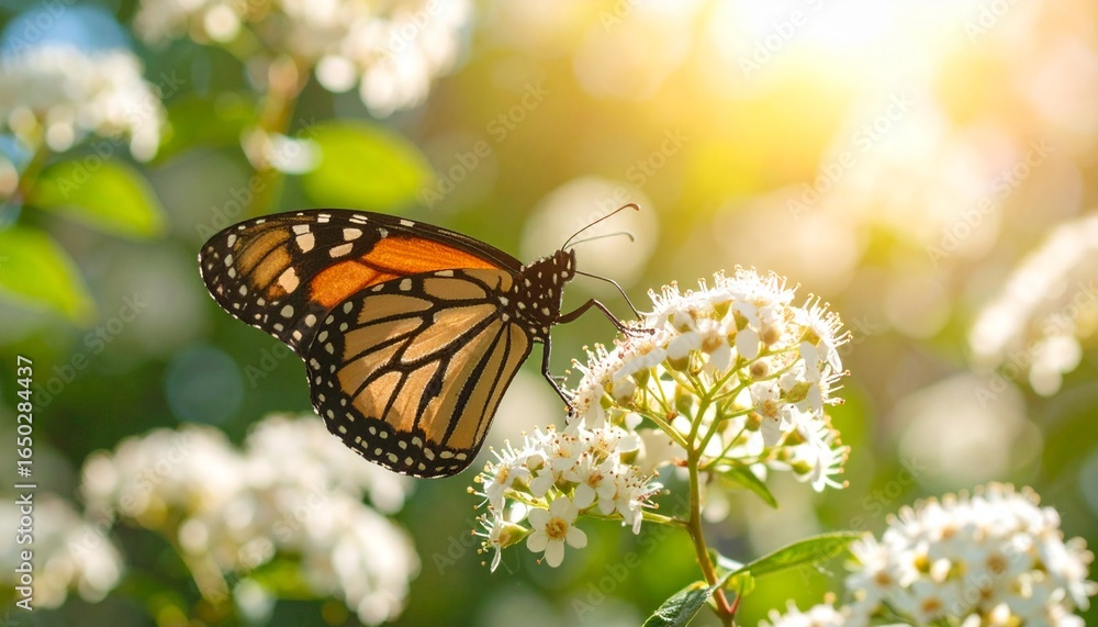 Obraz premium Monarch Butterfly on White Flowers in Sunlight A Natural Beauty