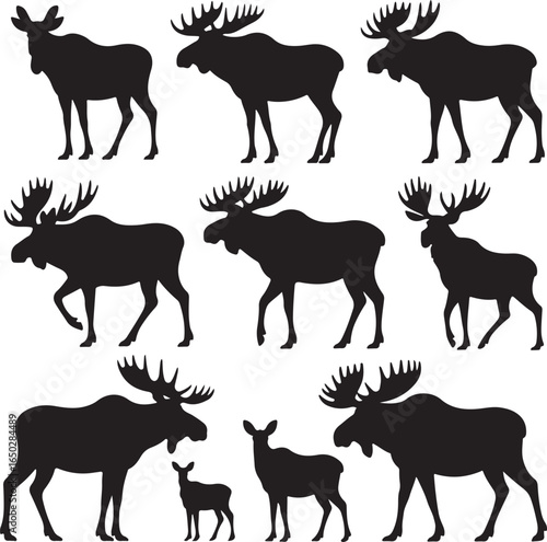 Collection of nine black moose silhouettes in various poses on white background deer animal
