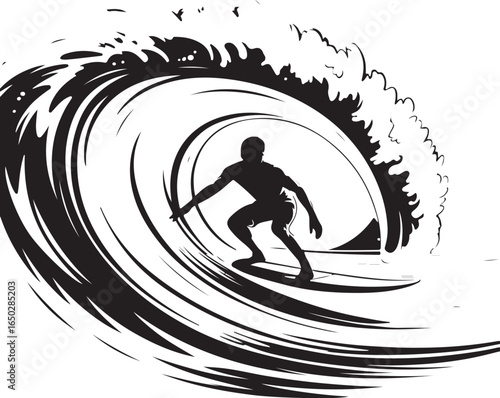 Surfer rides powerful wave barrel in dynamic silhouette