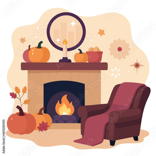 A warm fireplace with a burning fire, pumpkins, and a comfortable armchair create a cozy autumn scene Perfect for seasonal designs and home decor visuals.