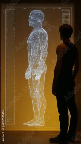 A diffused body fat scanner figure contrasts with sharp BMI chart data in the centre frame, illustrating variations in the accuracy of body composition assessments.