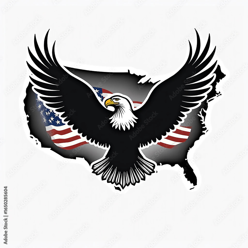 Obraz premium Patriotic USA Map and Bald Eagle Silhouette – American Flag Vector Art