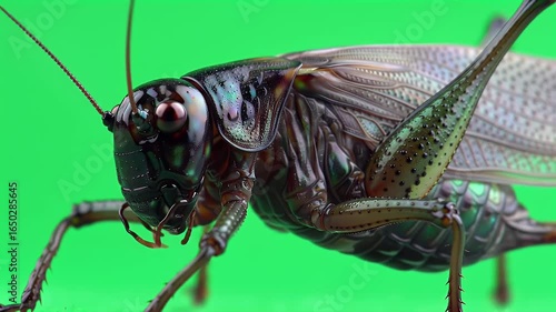 Macro Shot of a Dark, Iridescent Cricket with Prominent Eyes and Antennae on a Bright Green Chroma Key Background