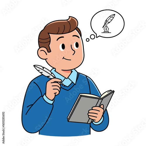 The Pen is Mightier Than the Sword: A thoughtful individual, immersed in the creative process of writing, is poised with a quill pen, accompanied by the imaginative depiction of a pen inside ink well.