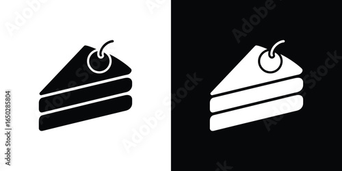 Black and White Cake Slice Icon with Cherry on Top Design Illustration