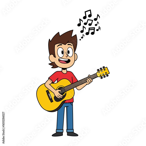 Melody Maker: A cheerful individual strums an acoustic guitar while music notes dance above their head. This cartoon illustration captures the essence of musical passion and performance.