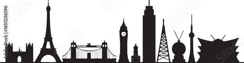 Cityscape silhouette with iconic landmarks for travel and design