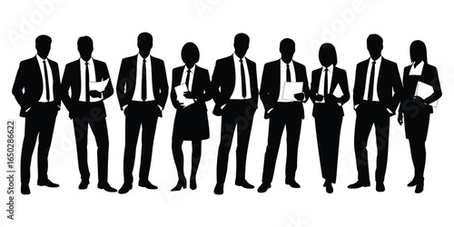 Full length silhouettes of diverse business professionals standing as a corporate team