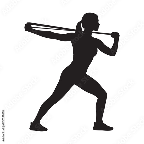 Silhouette vector of a fit woman performing a resistance band workout. 