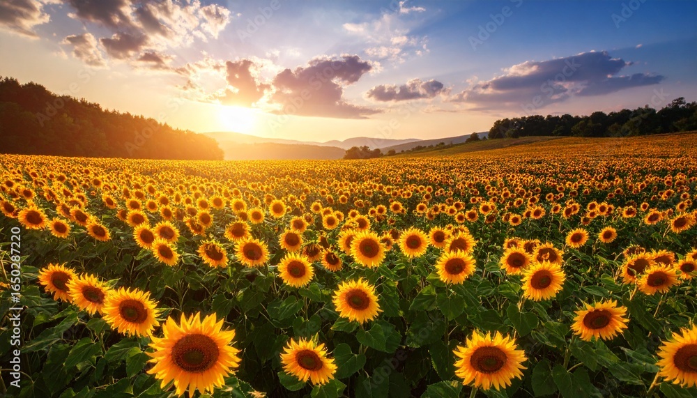 Fototapeta premium Scenic landscape of a vast sunflower field glowing in the warm light of a beautiful summer sunset