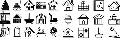 Collection of house and building outline icons with various elements home
