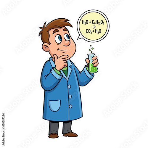 Cartoon Scientist in Laboratory: A curious scientist ponders the chemical reaction, holding a flask containing bubbling liquid, envisioning complex equations in this captivating illustration.