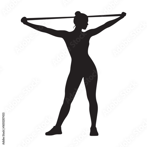 Silhouette vector of a fit woman performing a resistance band workout. 