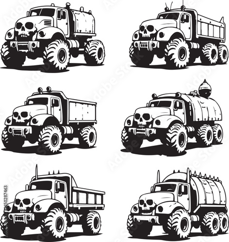 Six Vector Illustrations of Monster Trucks with Skull Grilles on White Background off road vehicle