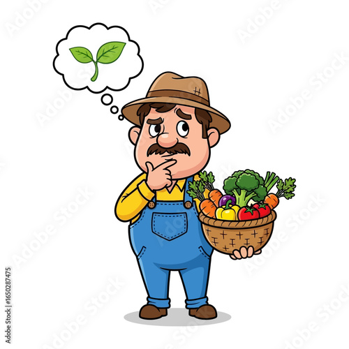 The Farmer's Thought: A thoughtful farmer contemplates the future of his harvest, holding a basket of freshly picked vegetables. 