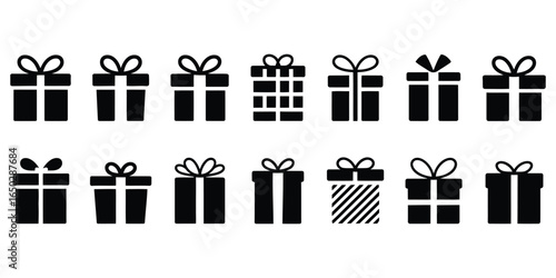 A diverse collection of black silhouette gift box icons featuring various ribbon and bow designs