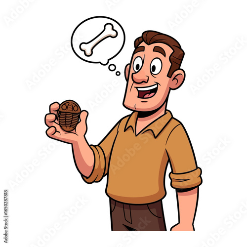 Excited Discover: Illustration of a smiling man triumphantly showcasing a newly unearthed artifact, his mind envisioning a thrilling discovery of a bone, celebrating the joy of archeology!