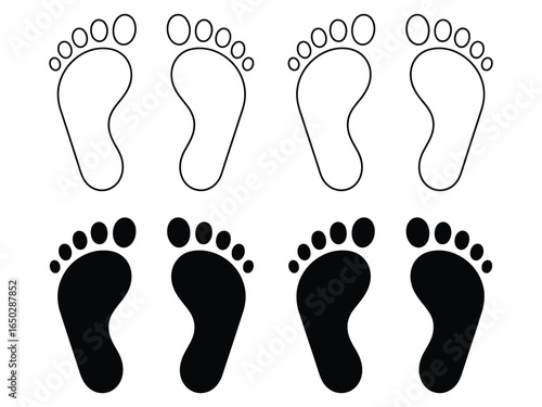 A collection of human footprints showing both black solid and outline designs