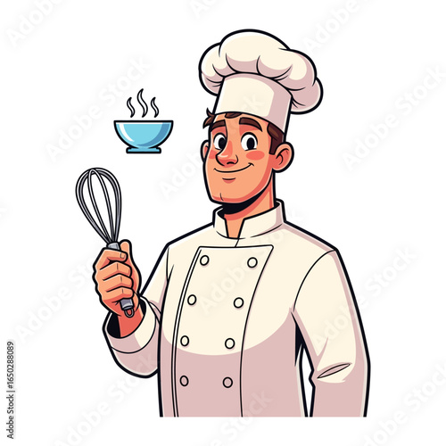Culinary Maestro: An illustrated depiction of a friendly chef in pristine white attire, holding a whisk and accompanied by a steaming bowl of food. Symbolizing culinary skill and delicious creations