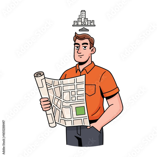 Blueprint Vision: A focused individual studies a rolled-up map, envisioning the future urban landscape above, symbolizing dreams, plans, and the power of foresight.