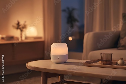 Warm lamp lighting a cozy living room at night.