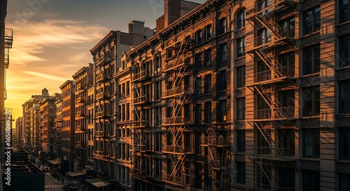 A Captivating Glimpse of New York City Architecture at Sunset with Warm Tones and Fire Escapes