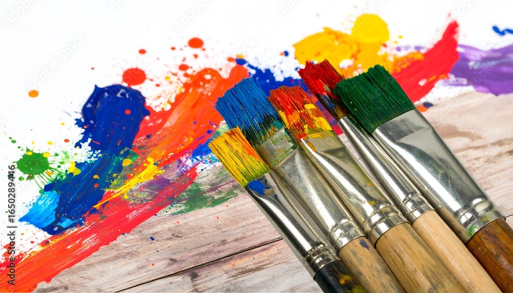 Obraz premium Colorful paint brushes on wooden surface