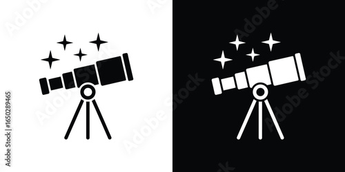 Black and White Telescope Icon with Stars, Astronomy Equipment, Observing Celestial Objects