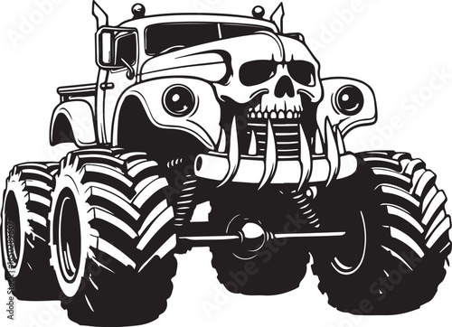 Black and white monster truck with skull front and large tires vehicle off road