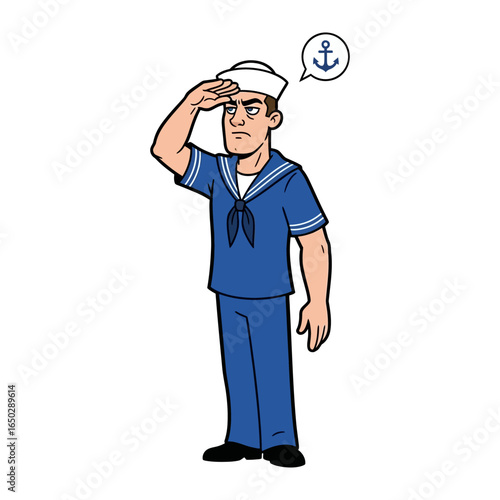 Anchors Aweigh: A confident sailor in his traditional uniform salutes, conveying a sense of maritime duty and honor, with a thought bubble picturing an anchor.