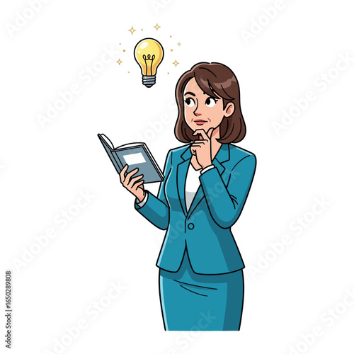 Lightbulb Moment: A thought-provoking illustration of a professional individual engrossed in a book, her mind sparked with a brilliant idea, symbolized by an illuminated lightbulb above her.