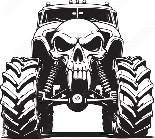 Front view monster truck with skull face and fangs and large tires vehicle off road