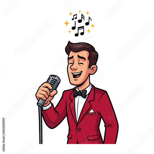Singing man, vintage microphone: A stylish man in a red jacket is depicted mid-song, eyes closed in melodic bliss, holding a vintage microphone. Musical notes float above. 