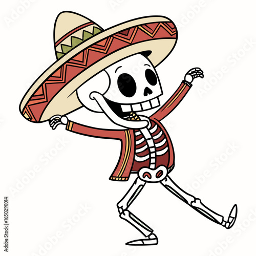 A joyful skeleton dances with a sombrero, celebrating the day of the dead, isolated on white background